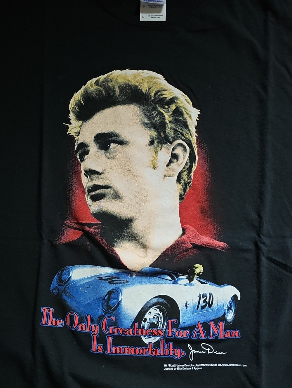 James Dean Gildan Black Tee with Red Accents & Blue Race Car Graphic Lg